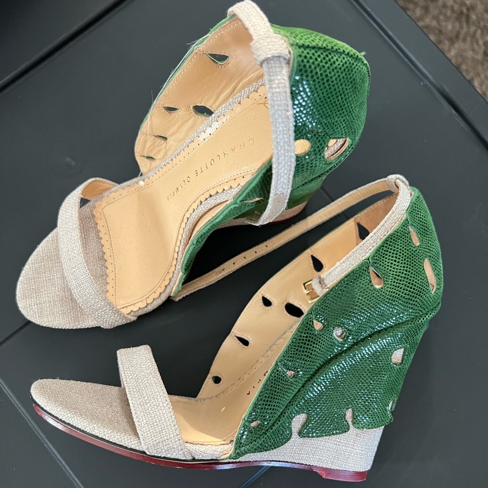 Charlotte Olympia Green Leaf/ Tan Heels